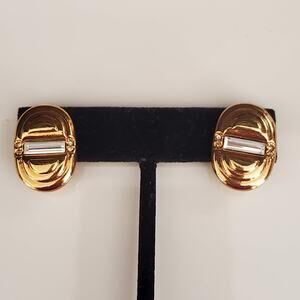 Swarovski Gold Plated Clip On Earrings with Clear Crystals Baguettes Swan Signed